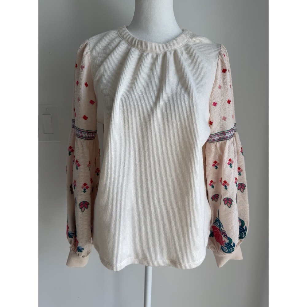 THML Top Blouse Floral Embroidered Puff Sleeves Boho Peasant sz XS NEW